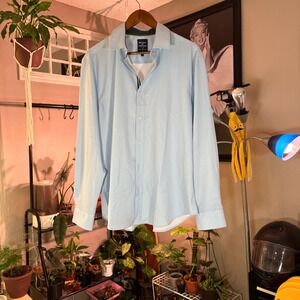Society of Threads Mens Dress Shirt Long Sleeve Slim Stretch Light Blue Dots L